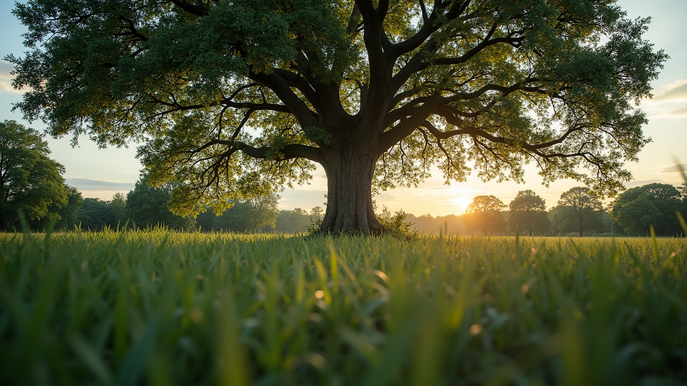 Eye-level view of robust oak tree showing lush foliage