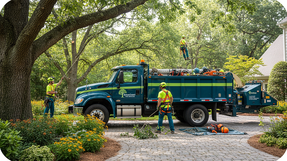 Wide angle view of a tree service truck parked in a residential driveway