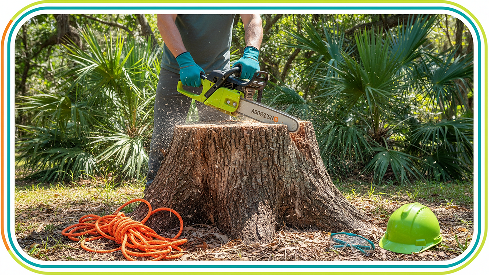 Eye-level view of a tree stump in a residential backyard in Lake County, Florida