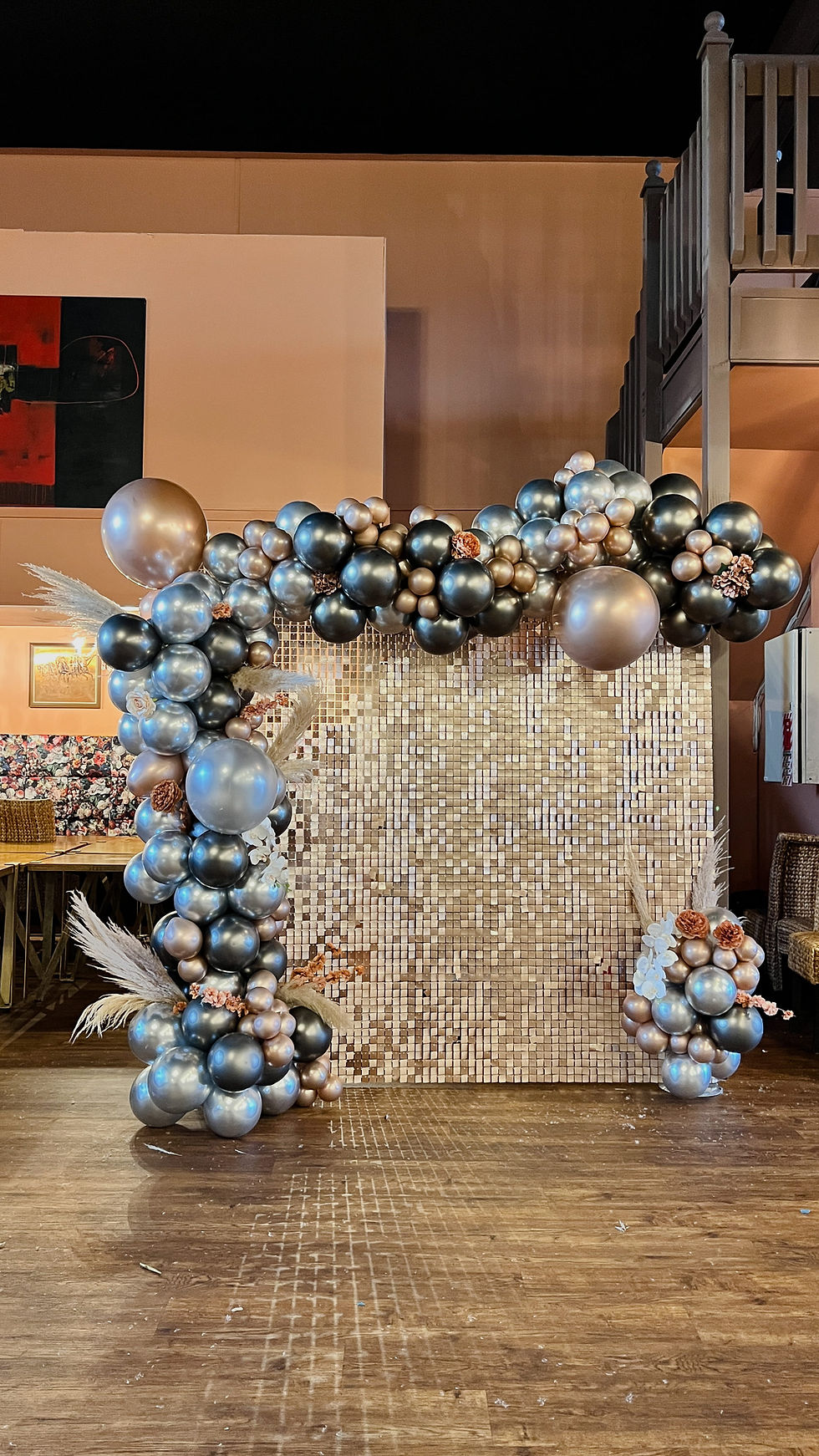 copper gold wave wall and garland