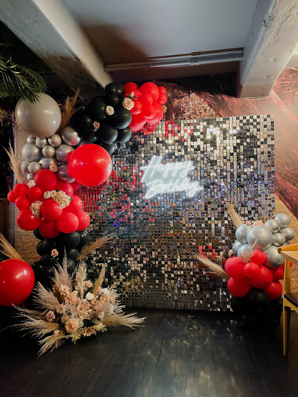 Thumbnail: Silver wave wall with garland and neon light