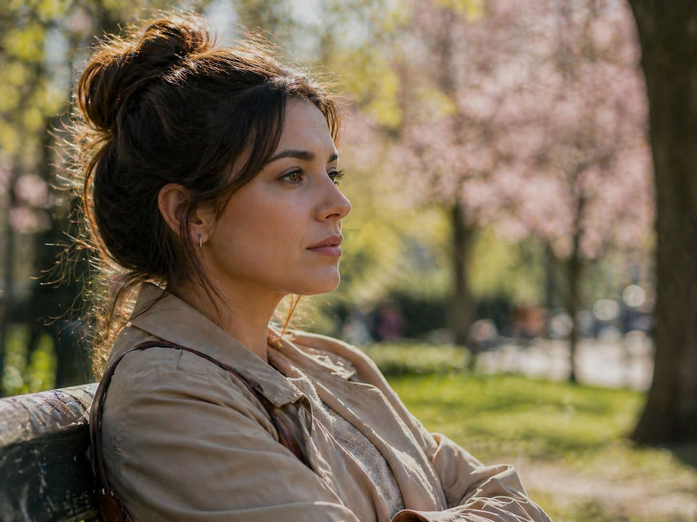 Donna seduta su una panchina in un parco in primavera, sguardo pensieroso rivolto verso l'alto