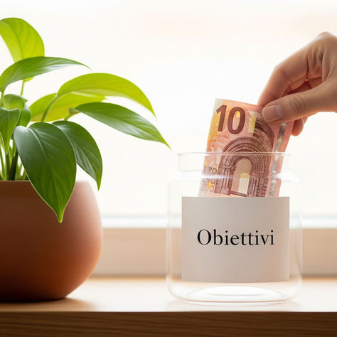 Mano che inserisce una banconota in un barattolo di vetro con etichetta “Obiettivi”, su ripiano di legno chiaro accanto a piantina verde.