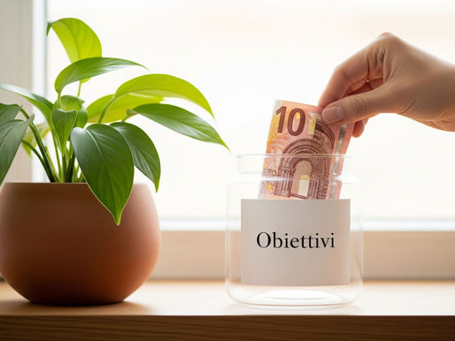 Mano che inserisce una banconota in un barattolo di vetro con etichetta “Obiettivi”, su ripiano di legno chiaro accanto a piantina verde.