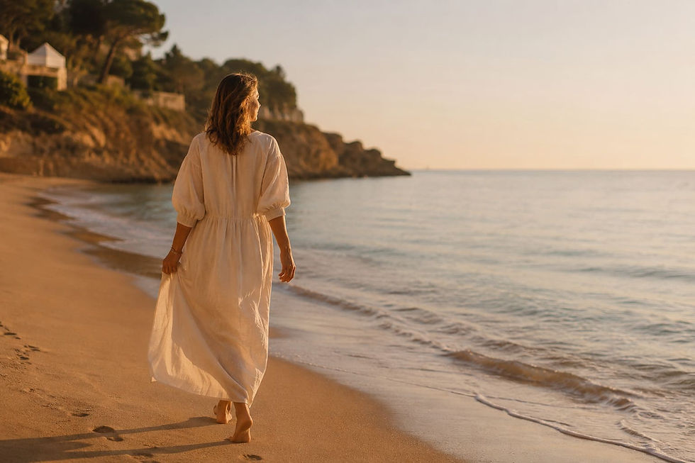 Donna cammina lentamente lungo una spiaggia mediterranea al mattino presto, esposizione solare graduale e consapevole.