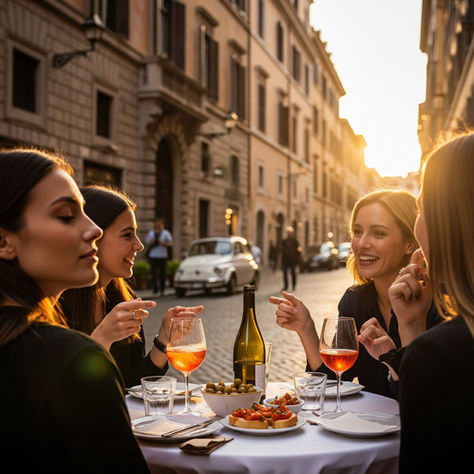 Donna seduta a un tavolino esterno in una via di Roma, serena ma assorta mentre le amiche conversano, simbolo di cambiamento
