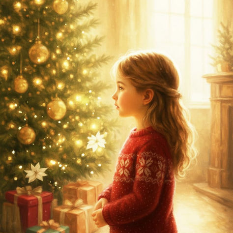 bambina che guarda l'albero di natale
