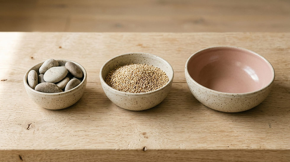 Tre ciotole in ceramica con contenuti diversi allineate su legno chiaro, metafora della distinzione tra fondo di emergenza, risparmio a medio termine e risparmio a lungo termine