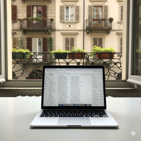 Laptop MacBook su scrivania bianca davanti a una finestra di Torino con Gmail in italiano pieno di email non lette