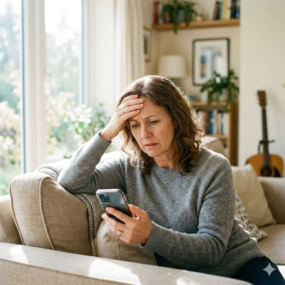 Donna sul divano con smartphone in mano e espressione preoccupata mentre legge messaggi online