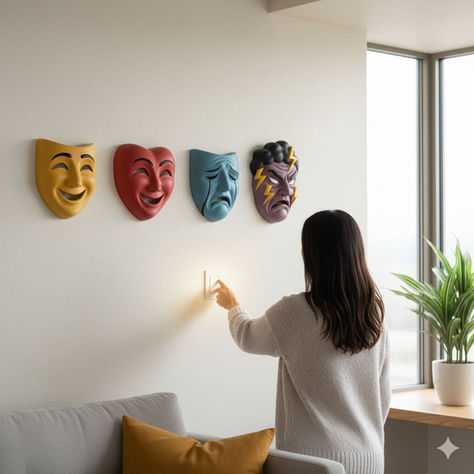 Donna in salotto osserva una parete con maschere teatrali che rappresentano emozioni, mentre accende un interruttore che illumina la maschera della rabbia