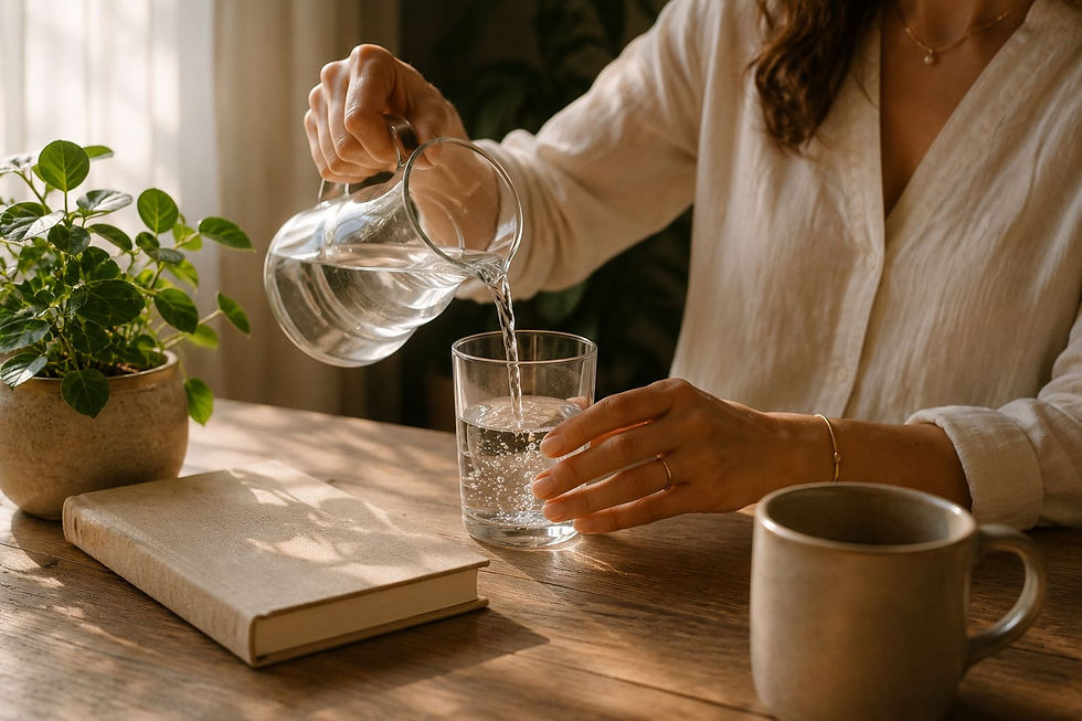 Mani femminili che versano acqua da una caraffa di vetro in un bicchiere trasparente, su un tavolo con una piccola pianta verde, un libro chiuso, e una tazza in ceramica.