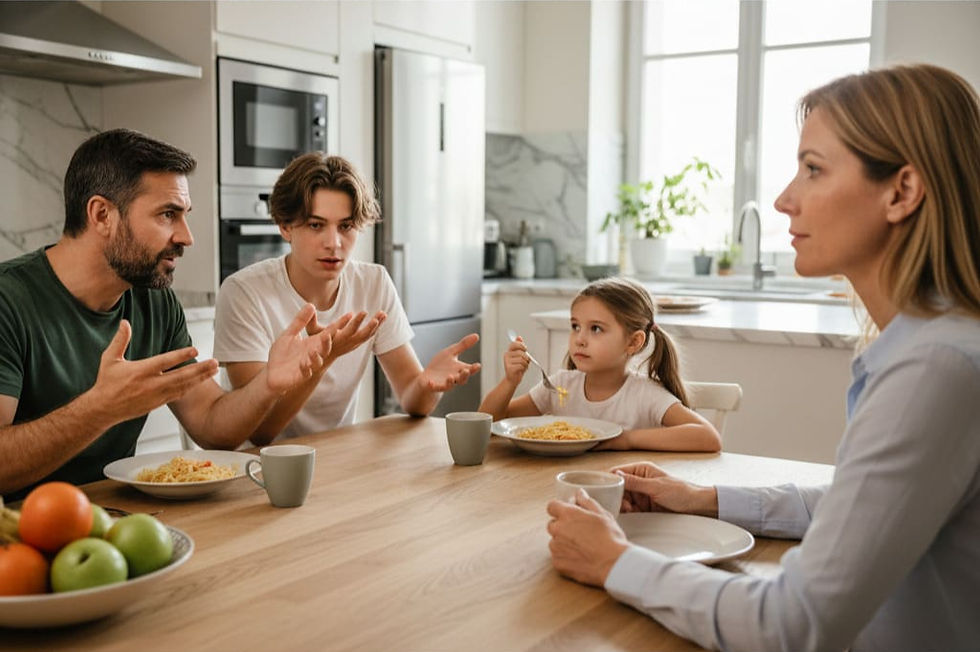 Famiglia seduta a tavola in cucina, il marito e il figlio adolescente discutono mentre la madre ascolta calma e presente