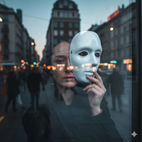 Riflesso su una vetrina in un contesto urbano di una donna che si toglie la maschera