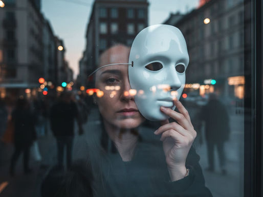 Riflesso su una vetrina in un contesto urbano di una donna che si toglie la maschera