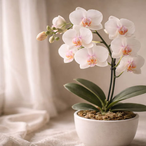 Orchidea su davanzale illuminato, atmosfera calma che richiama il tema di accogliere l’inaspettato con presenza