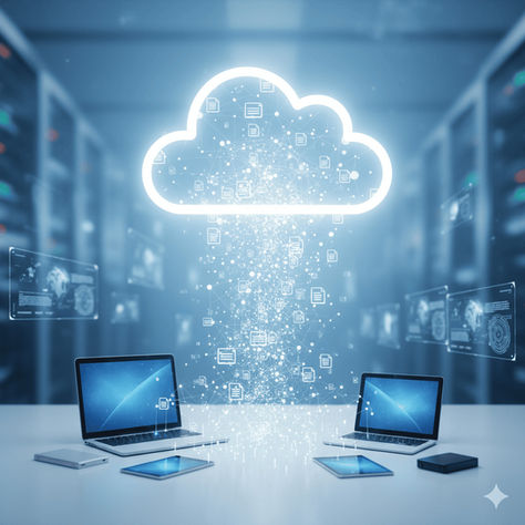 Immagine rappresentativa del cloud con due laptop ai lati e la nuvola in alto al centro