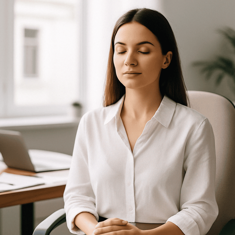 Donna giovane seduta in ufficio con gli occhi chiusi e le mani in grembo, in un momento di consapevolezza e mindfulness durante la giornata lavorativa.