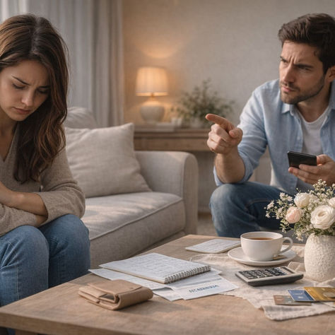 Violenza economica: uomo controlla spese mentre la partner appare in difficoltà sul divano