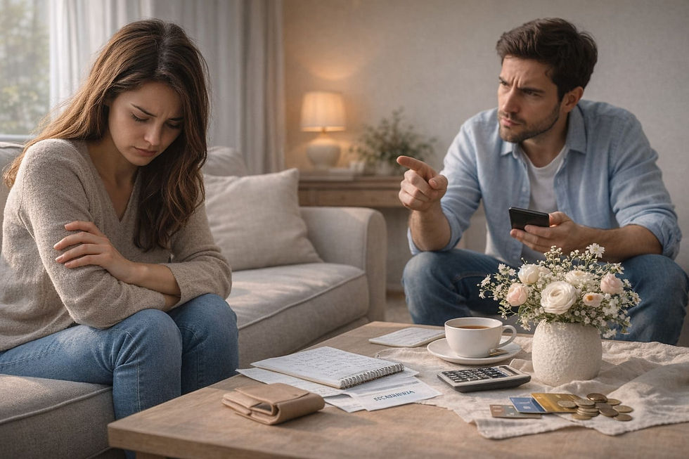Violenza economica: uomo controlla spese mentre la partner appare in difficoltà sul divano