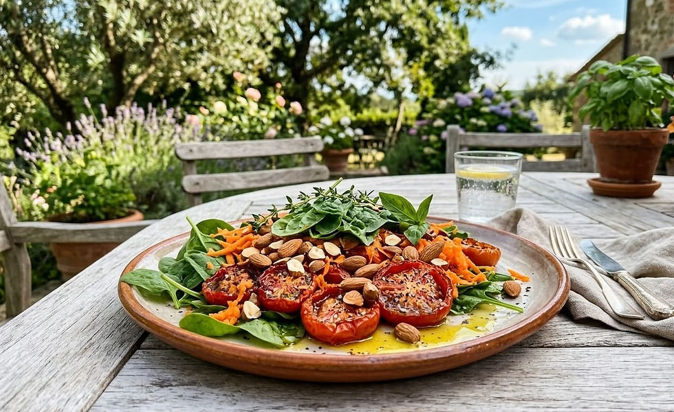 Piatto del sole con pomodori al forno, mandorle, carota grattugiata e spinacino fresco, ricetta per preparare la pelle al sole.