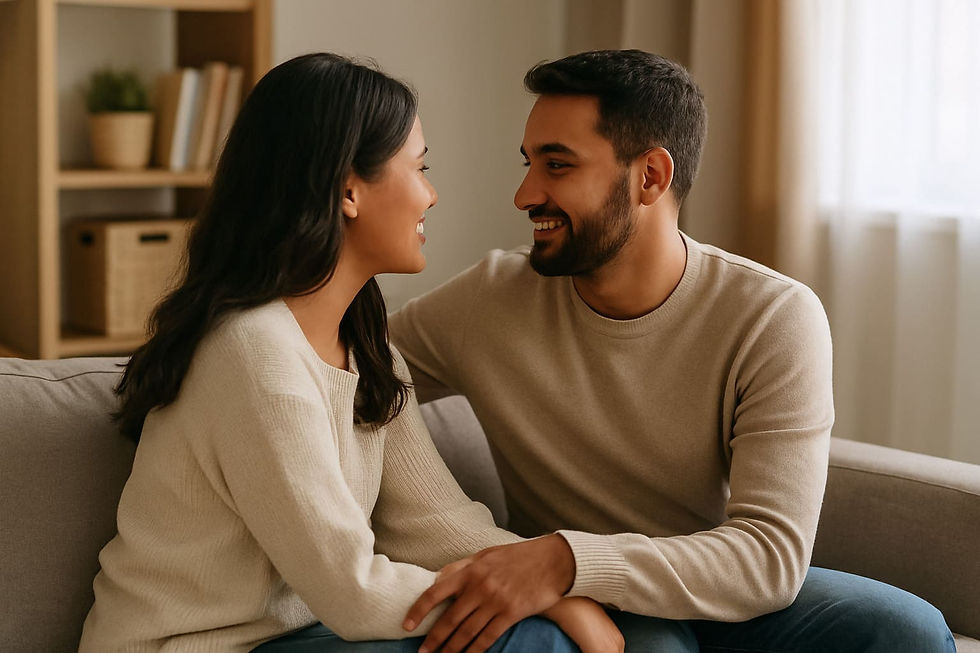 Coppia seduta insieme che dialoga serenamente sulla gestione del denaro in una relazione di fiducia.