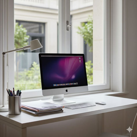 Scrivania con computer sopra acceso e con il desktop in ordine