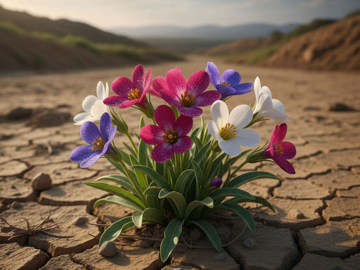 fiori rosa bianco e viola che crescono in un terreno arido, simbolo della resilienza