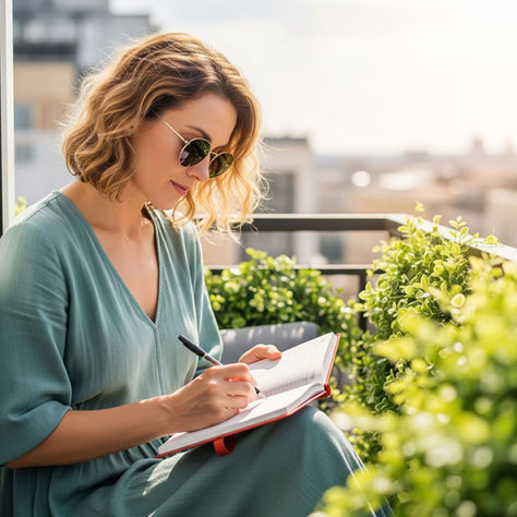 donna seduta in balcone che scrive le cose da fare sulla sua agenda 