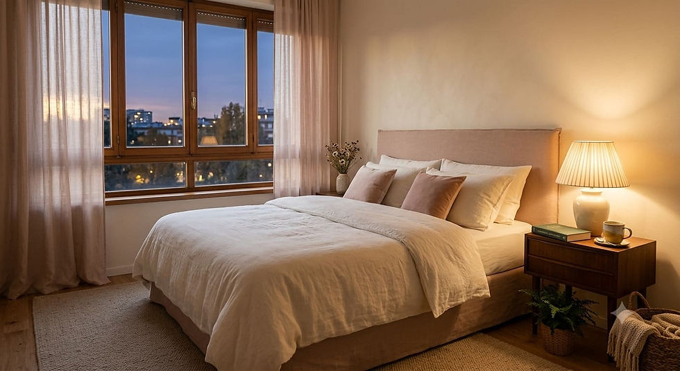 Camera da letto elegante al crepuscolo con luce calda e tende in lino, atmosfera adatta a una pratica di body scan prima di dormire per favorire il sonno.
