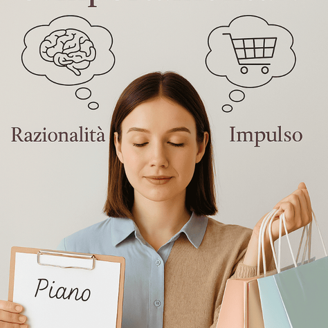 Donna indecisa tra bisogni e desideri, simbolo della finanza comportamentale.