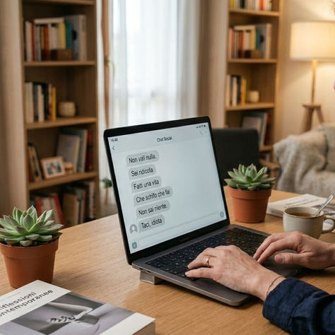 Donna adulta davanti al laptop mentre legge messaggi offensivi in chat, scena domestica che richiama il tema del cyberbullismo negli adulti