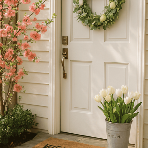 Ingresso di casa con porta bianca aperta, decorata con fiori primaverili. Un invito simbolico al cambiamento e alla rinascita.