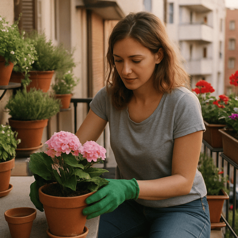 Donna che cura le piante sul suo terrazzo in un pomeriggio di primavera, circondata dal verde — gesto quotidiano di connessione con i ritmi naturali.