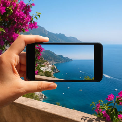 Mano che scatta una foto con lo smartphone verso un paesaggio marino: mare blu, scogli e terrazza assolata. Simbolo della gratitudine per la bellezza del presente.