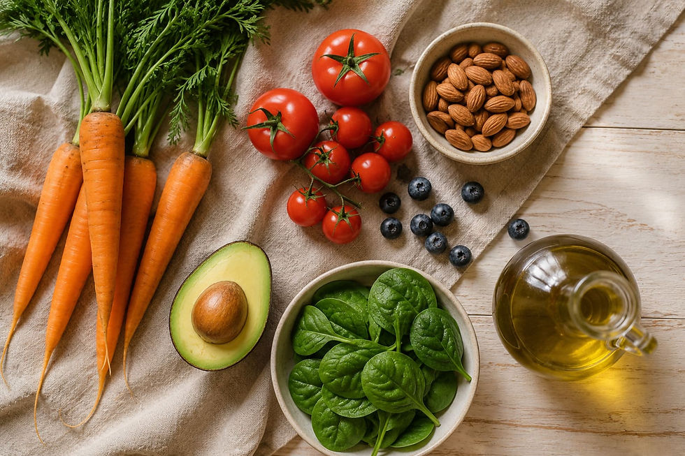 Alimenti ricchi di beta-carotene e antiossidanti per la pelle: carote, pomodori, mandorle, mirtilli, avocado, spinaci, olio EVO.