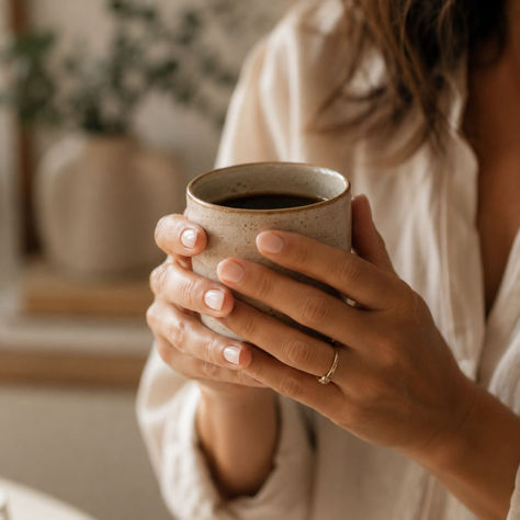 Primo piano di mani femminili che stringono una tazza di caffè in ceramica beige — attenzione sensoriale come pratica di mindfulness informale