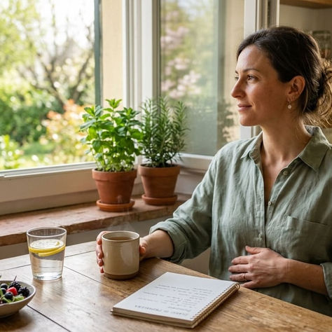 Donna seduta vicino alla finestra con tisana e frutta fresca mentre si prende un momento di pausa per una routine di naturopatia soft