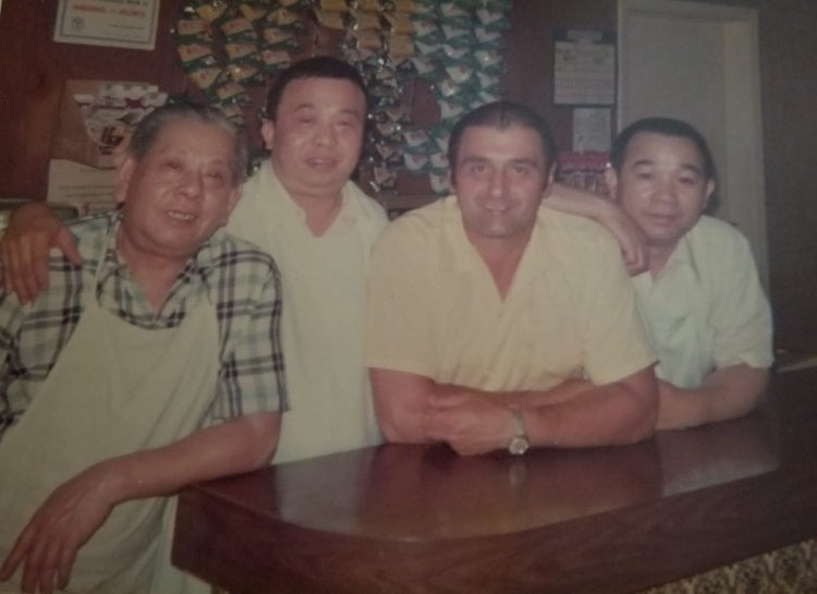 Tony Ha, Joe Wong, Ray Gagnon, and Ray Kung at Taylor’s Dining Room. Joe and Ray rented the establishment from Ray, while Tony worked as a cook.