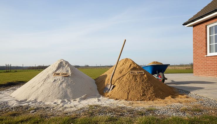 Wide-angle view of two labeled sand piles on a residential work site.
