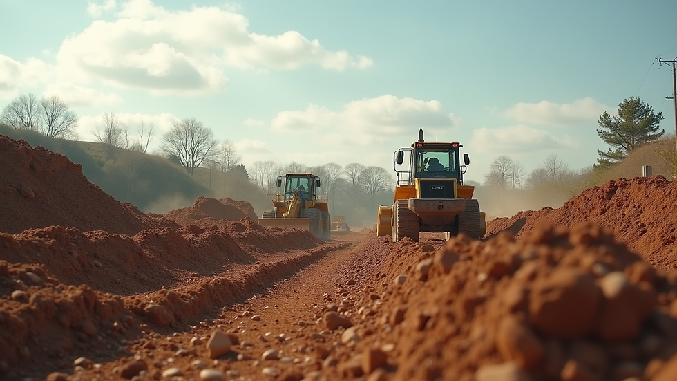 Eye-level view of cleared land with grading machinery preparing the site