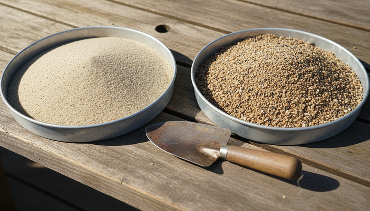 Close-up view of fine beach sand beside coarser fill sand in small trays.