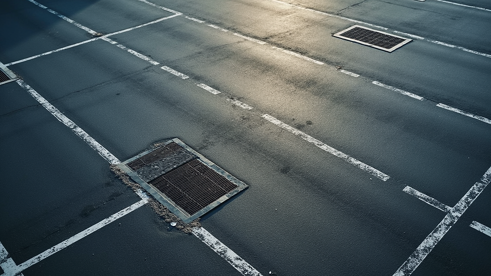 High angle view of asphalt parking lot with visible drainage grates