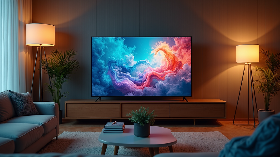 Eye-level view of a modern living room with a large flat-screen TV displaying a vibrant channel guide
