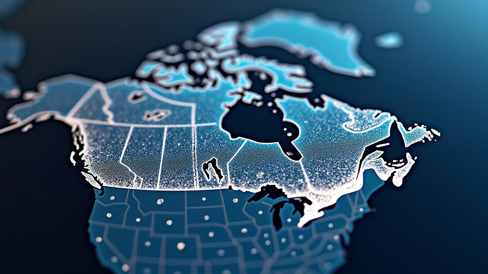 High angle view of a digital map showing 5G coverage zones across Canada