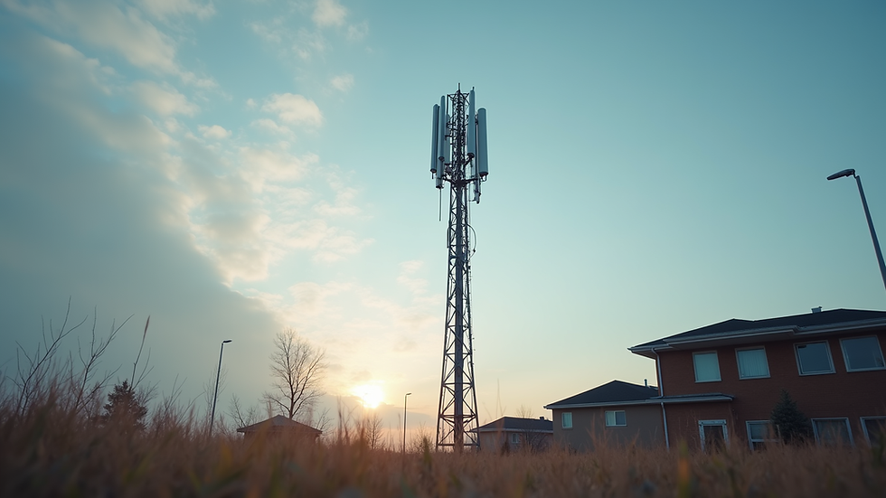 Eye-level view of a Telus 5G cell tower in a suburban area