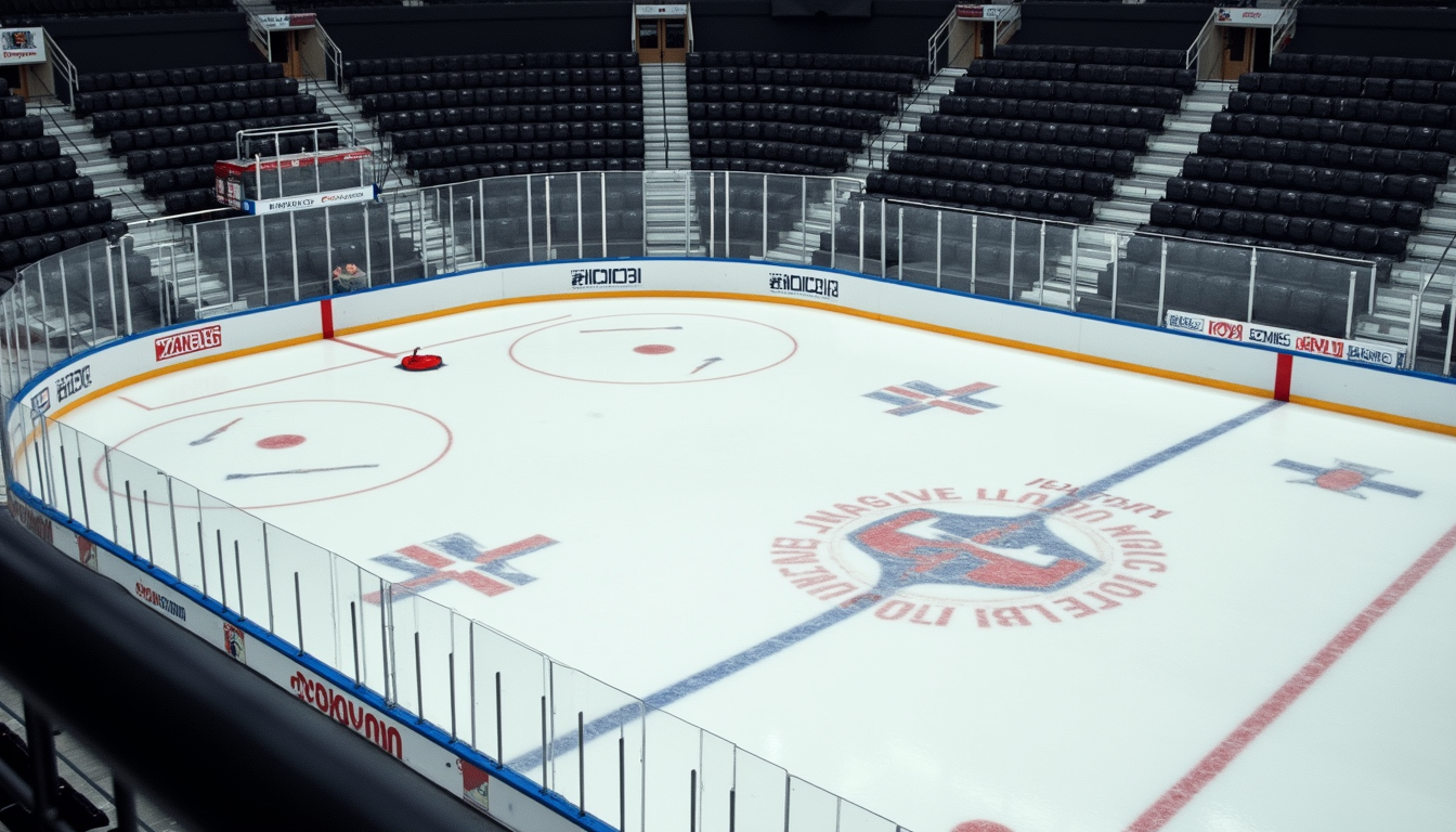 High angle view of a hockey rink with practice cones laid out
