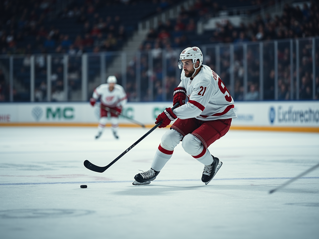 Dynamic landscape view of a sleek ice hockey rink with focus on the puck and sharp skate marks.