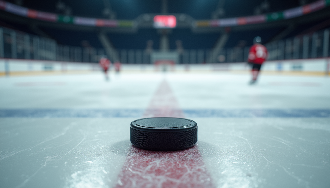 Close-up view of a hockey puck on an ice rink