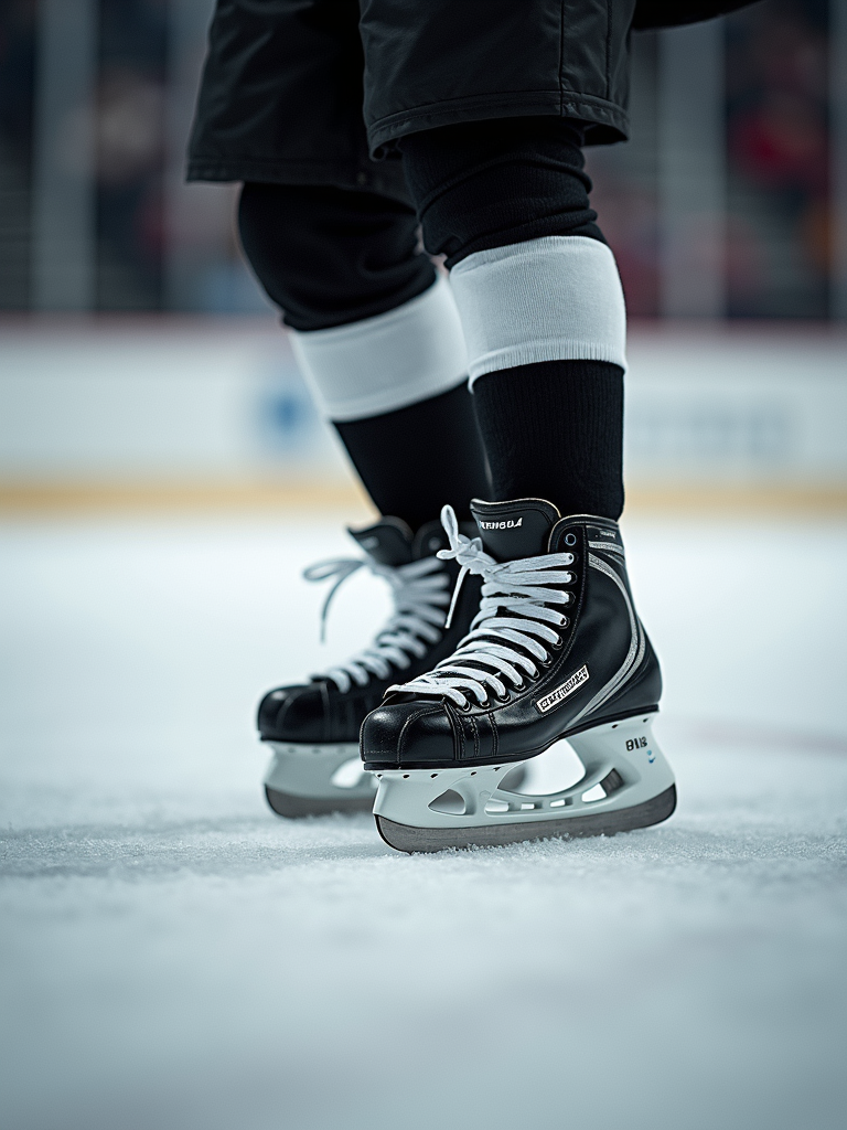 Close up portrait of professional hockey skates making a sharp turn on the ice.